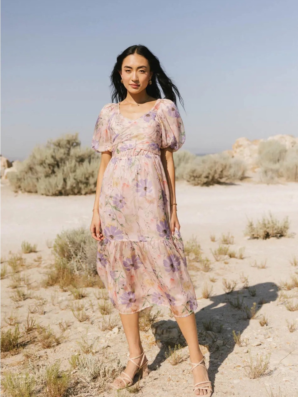 Bohme Angelique Floral Tie Puff-Sleeve Midi Dress in Light Pink